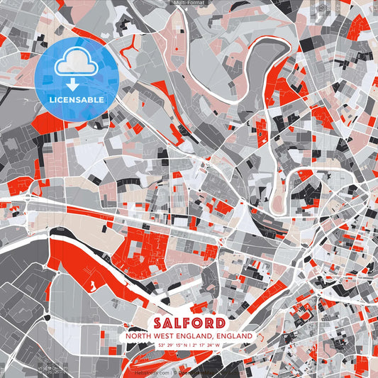Salford, North West England, England - modern street map poster template with gray and red tones