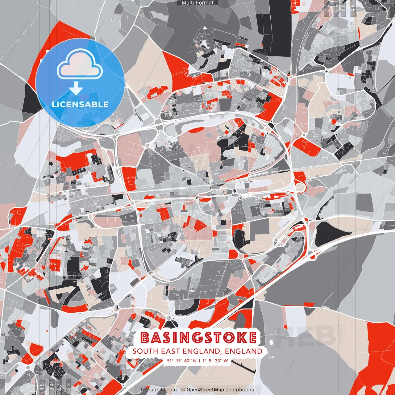Basingstoke, South East England, England - modern street map poster template with gray and red tones