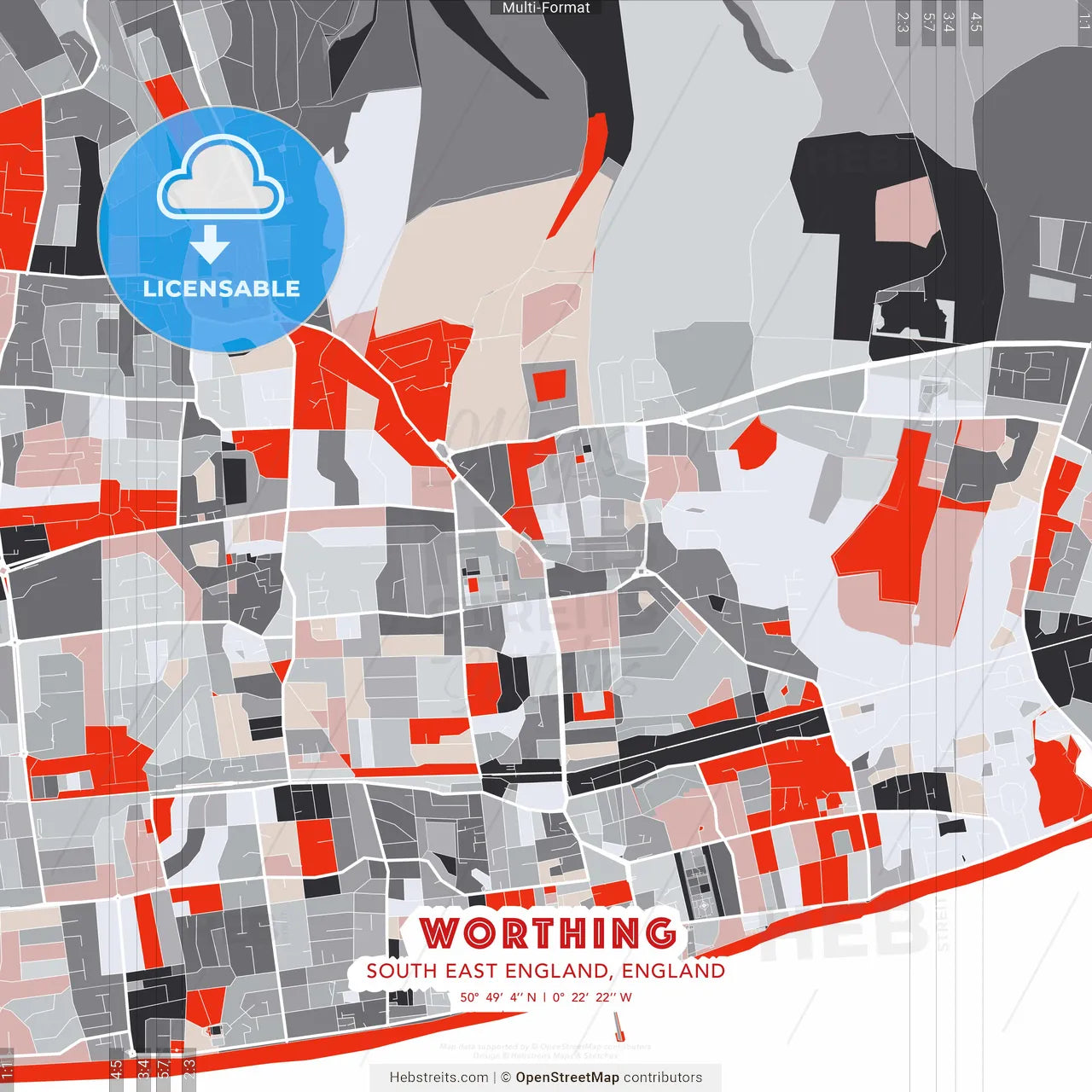 Worthing, South East England, England - modern street map poster template with gray and red tones