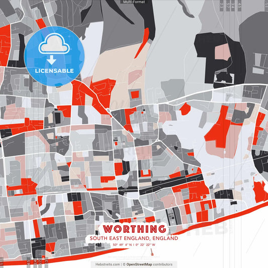 Worthing, South East England, England - modern street map poster template with gray and red tones