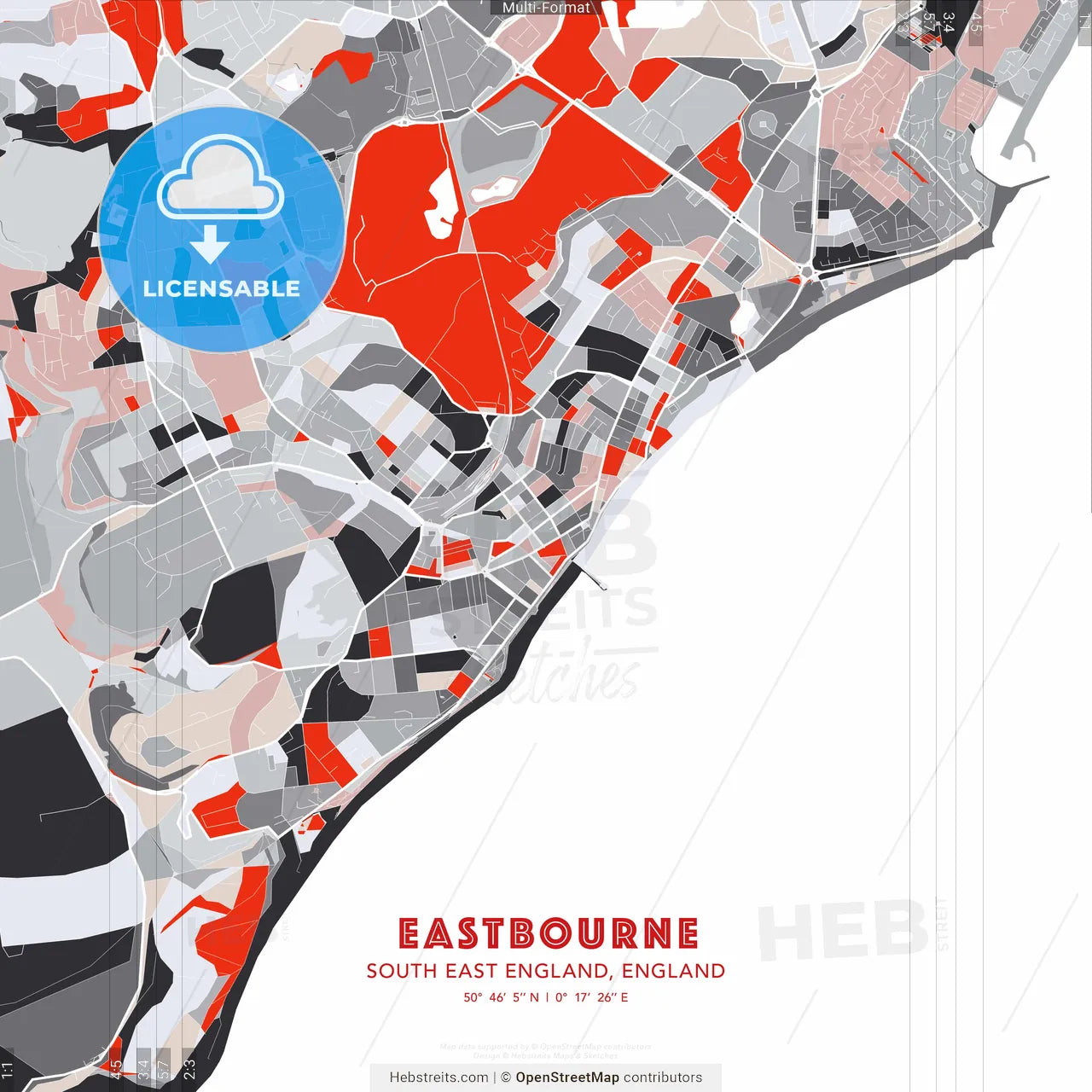 Eastbourne, South East England, England - modern street map poster template with gray and red tones