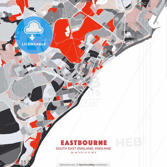 Eastbourne, South East England, England - modern street map poster template with gray and red tones