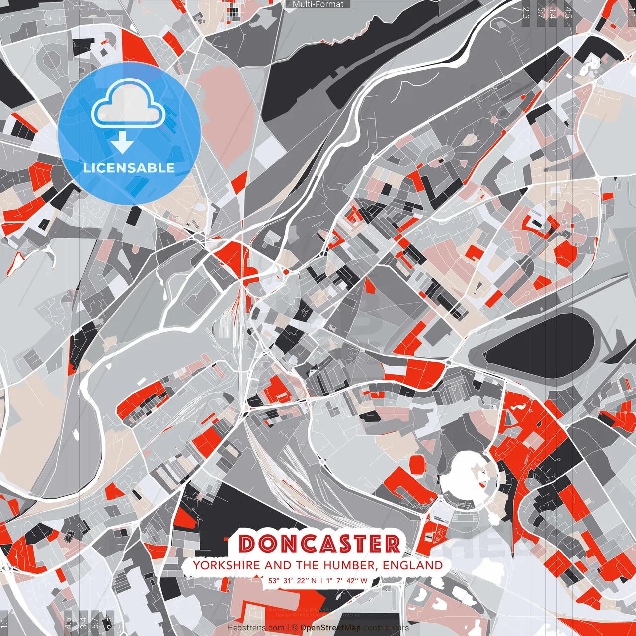 Doncaster, Yorkshire and the Humber, England - modern street map poster template with gray and red tones