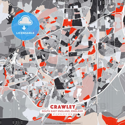 Crawley, South East England, England - modern street map poster template with gray and red tones