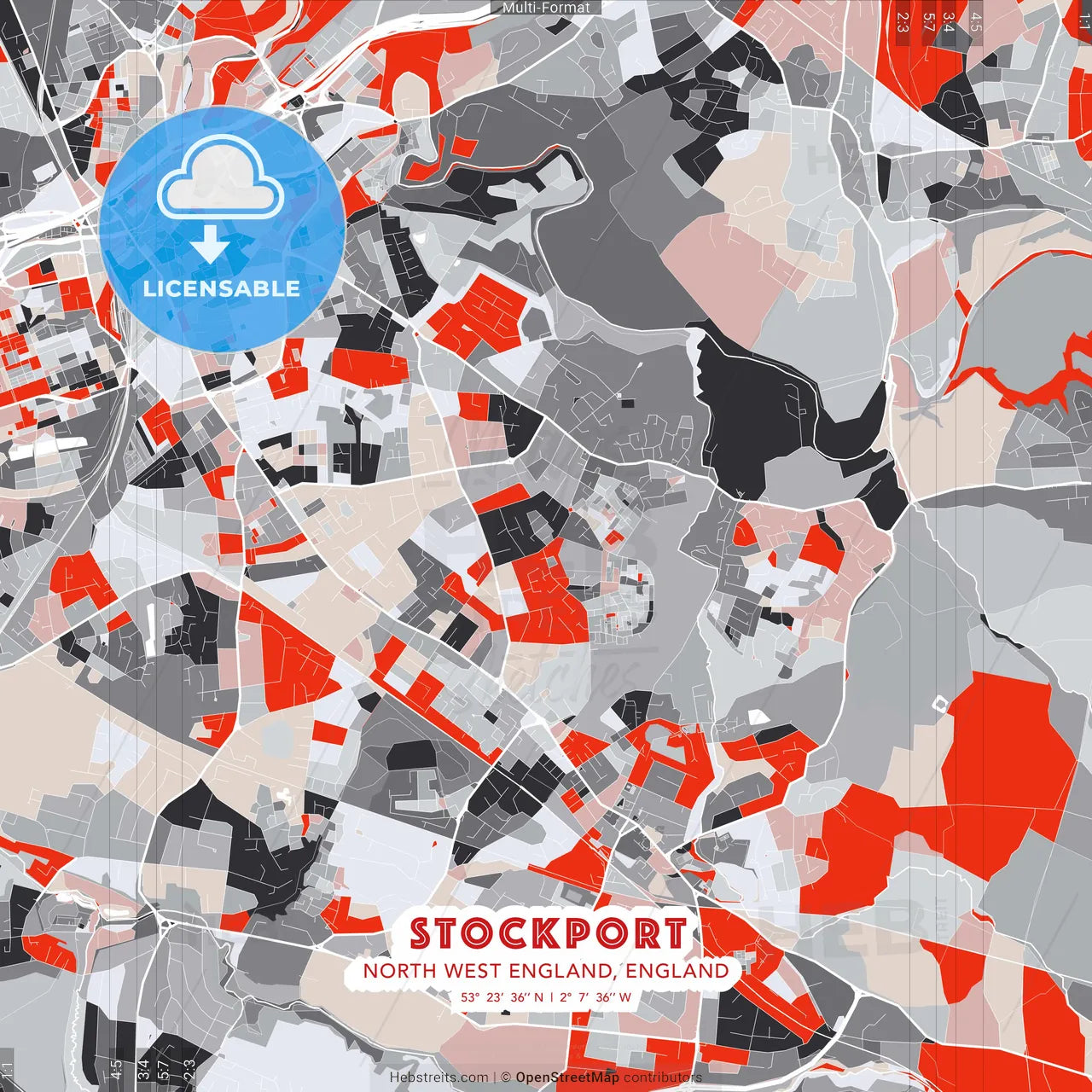 Stockport, North West England, England - modern street map poster template with gray and red tones