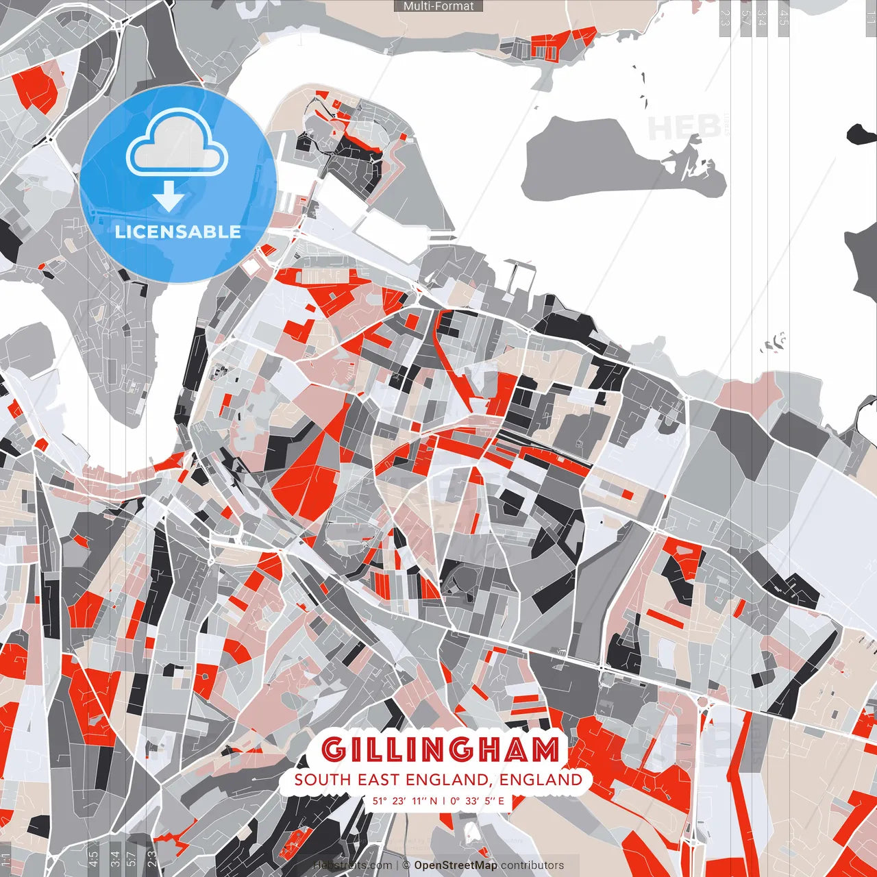 Gillingham, South East England, England - modern street map poster template with gray and red tones