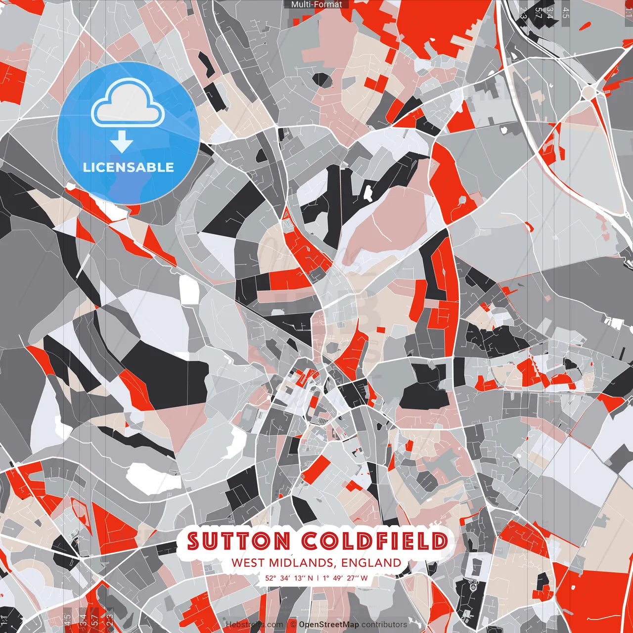 Sutton Coldfield, West Midlands, England - modern street map poster template with gray and red tones