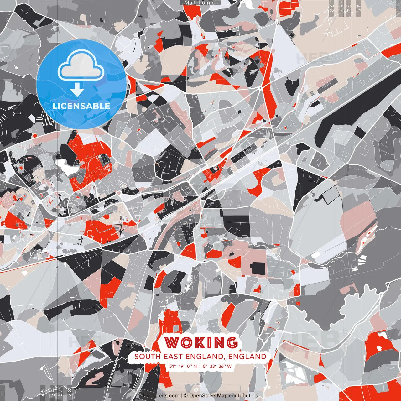 Woking, South East England, England - modern street map poster template with gray and red tones