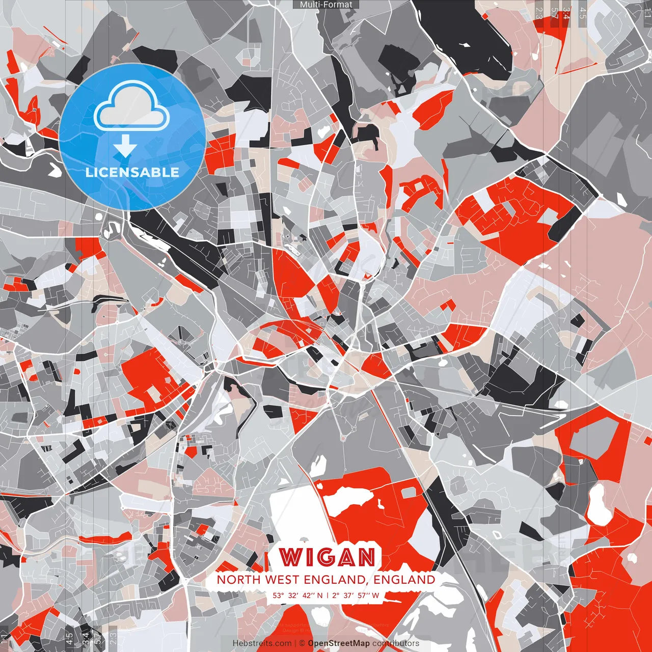 Wigan, North West England, England - modern street map poster template with gray and red tones