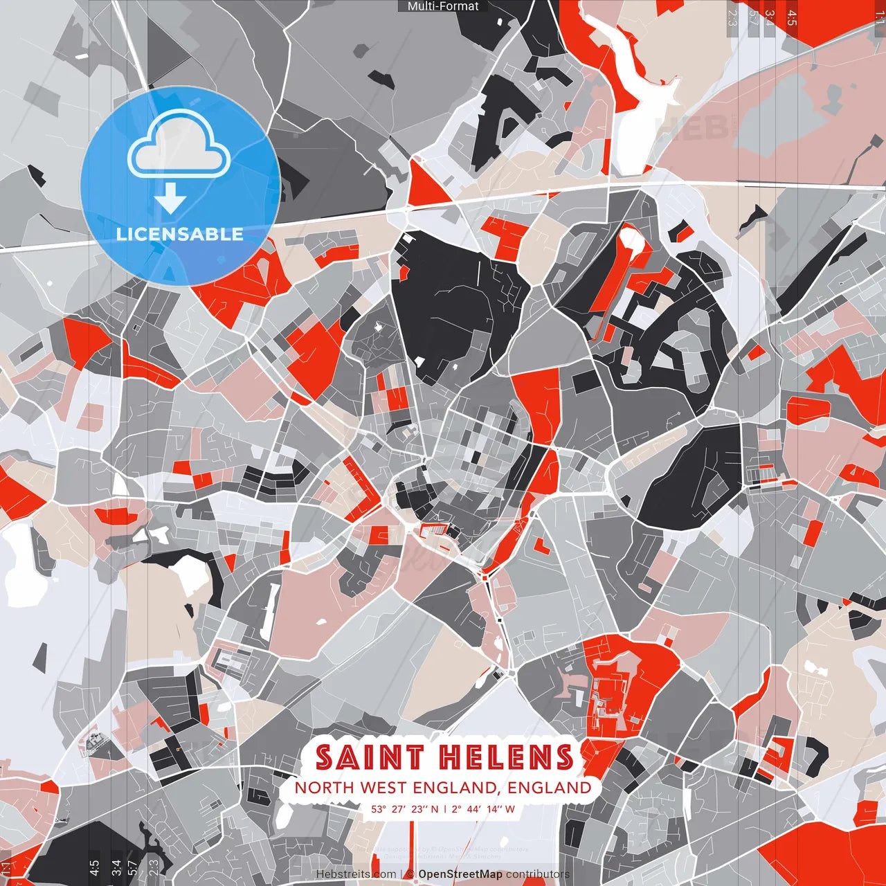 Saint Helens, North West England, England - modern street map poster template with gray and red tones
