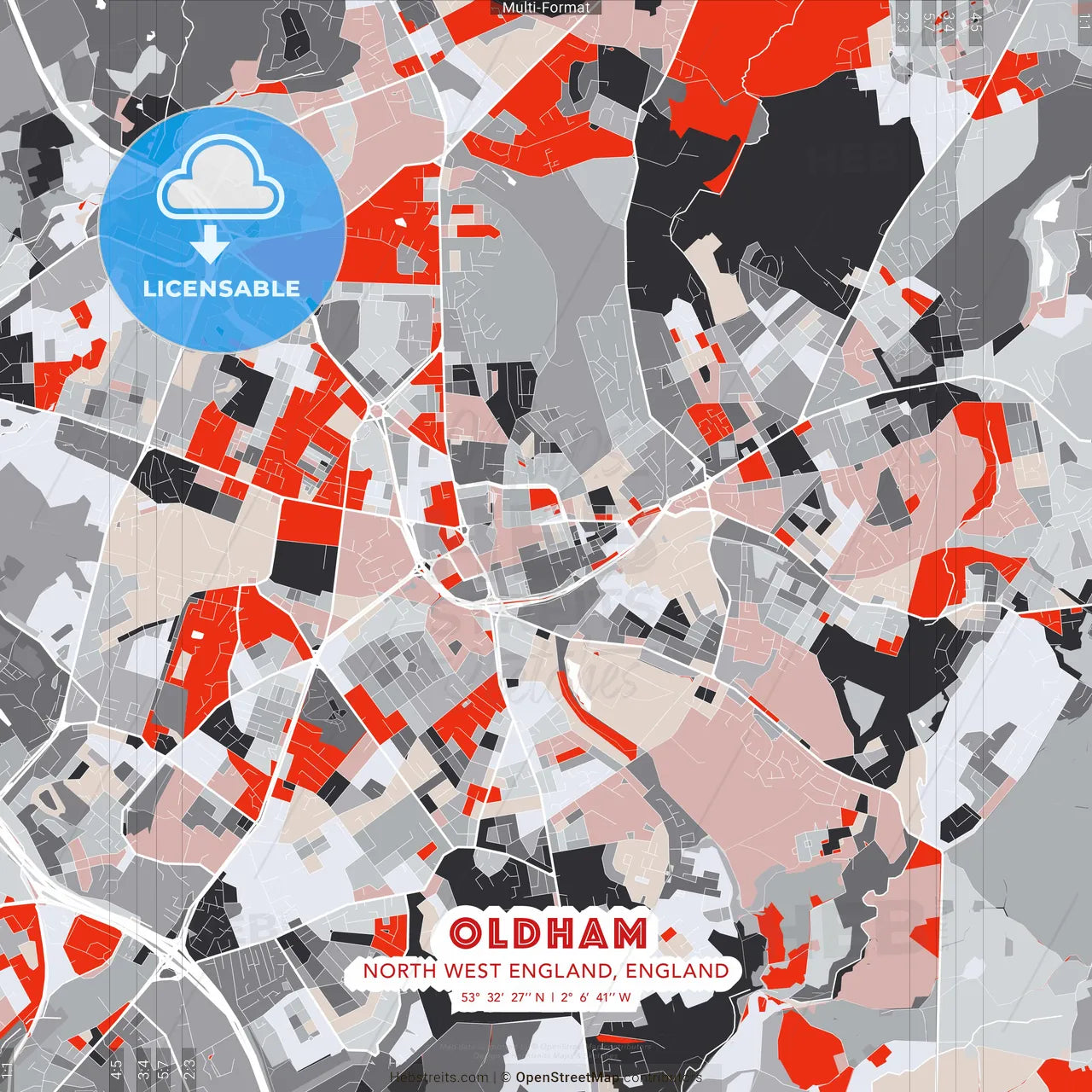 Oldham, North West England, England - modern street map poster template with gray and red tones