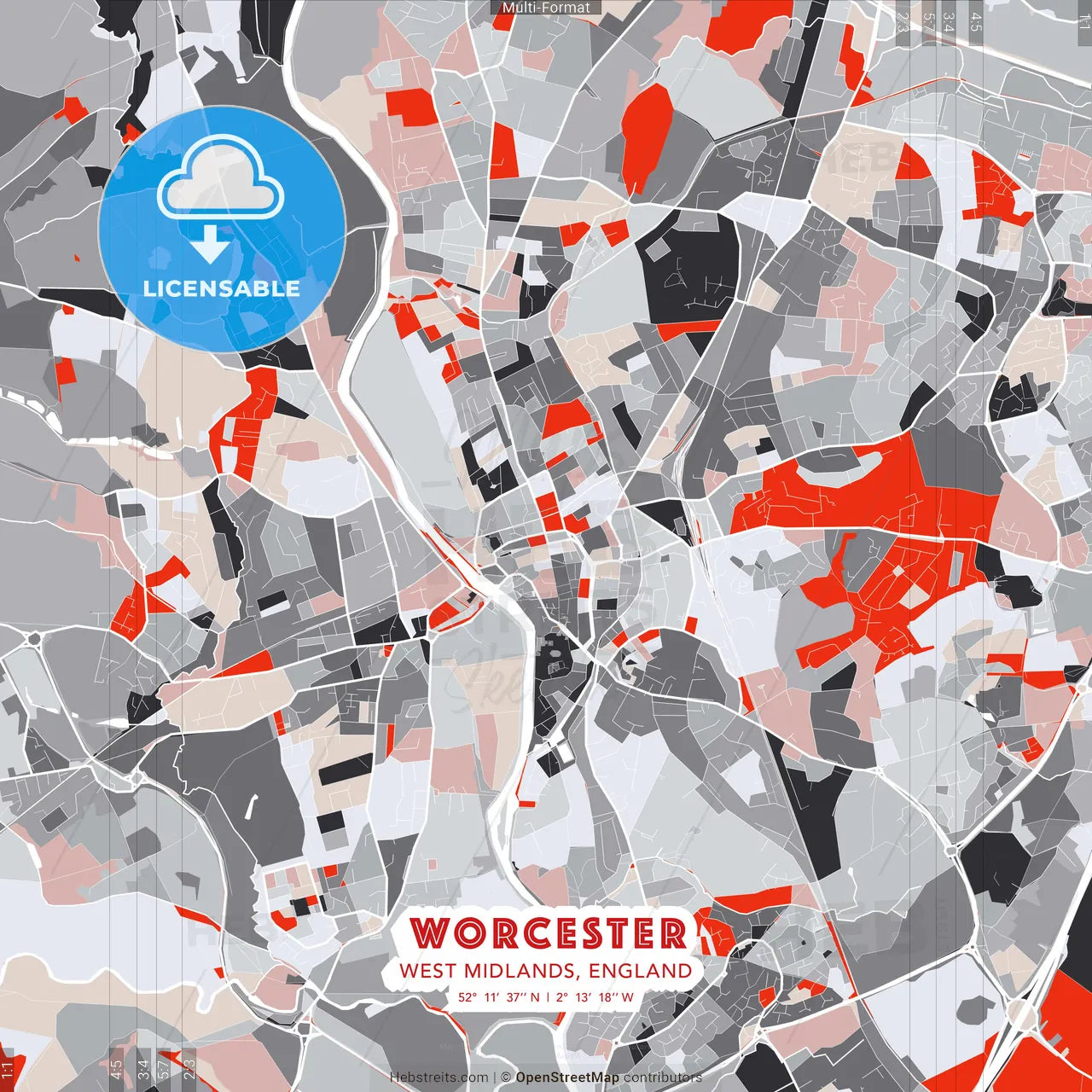 Worcester, West Midlands, England - modern street map poster template with gray and red tones