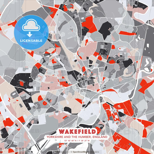Wakefield, Yorkshire and the Humber, England - modern street map poster template with gray and red tones