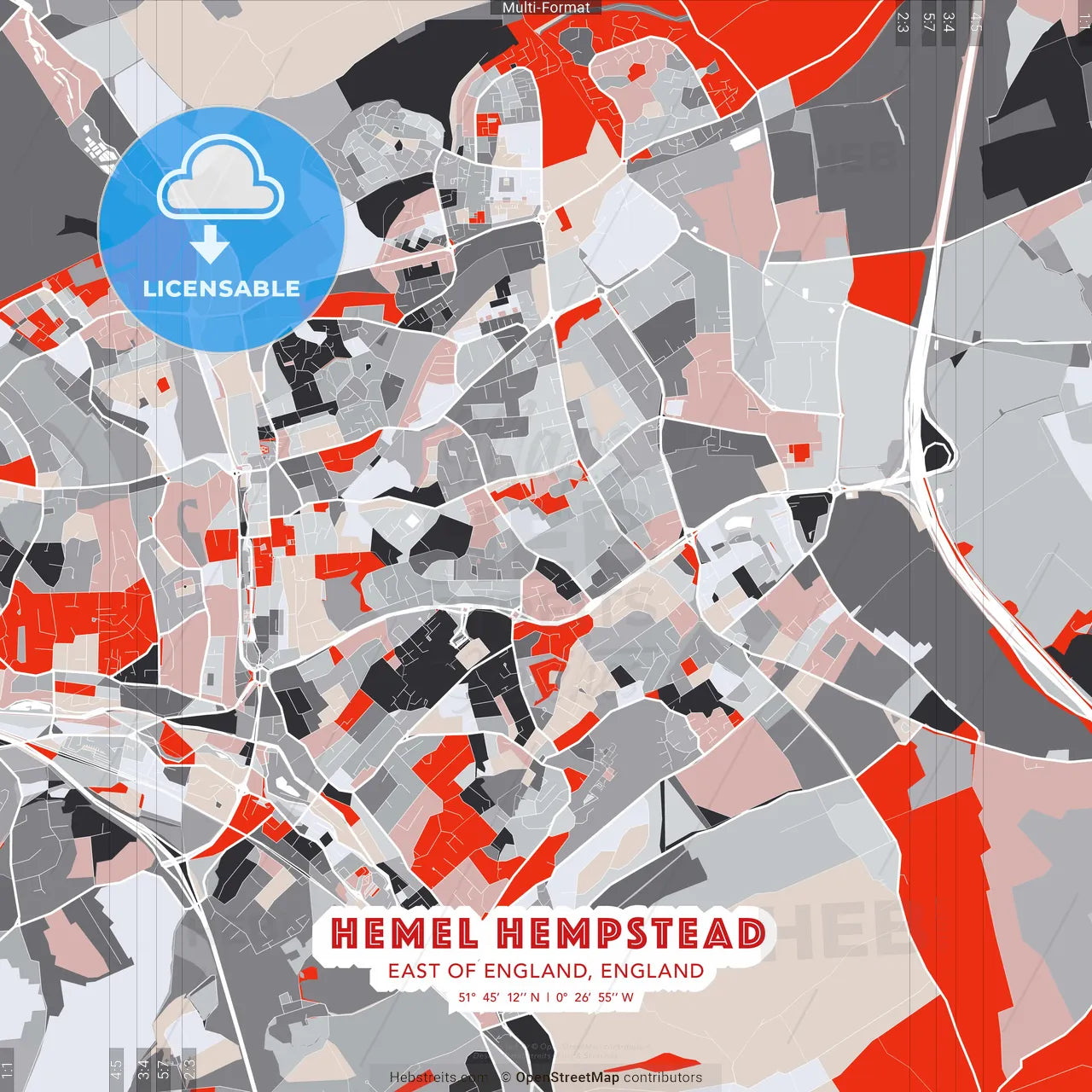 Hemel Hempstead, East of England, England - modern street map poster template with gray and red tones