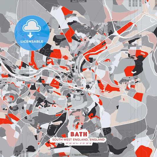Bath, South West England, England - modern street map poster template with gray and red tones