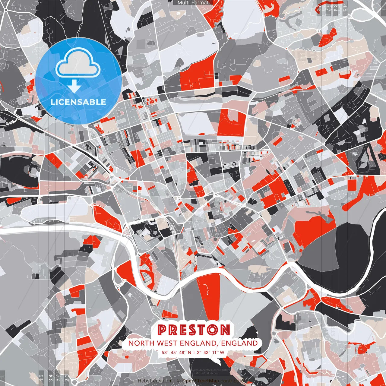 Preston, North West England, England - modern street map poster template with gray and red tones