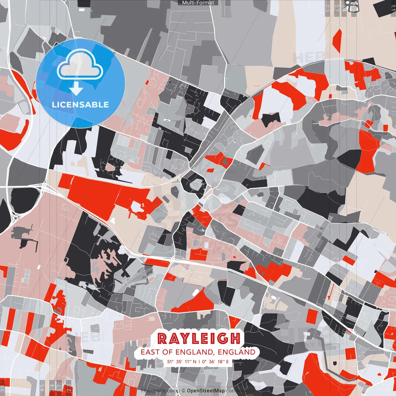 Rayleigh, East of England, England - modern street map poster template with gray and red tones