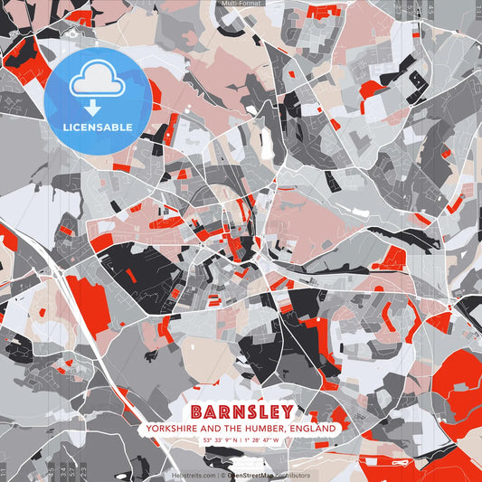 Barnsley, Yorkshire and the Humber, England - modern street map poster template with gray and red tones