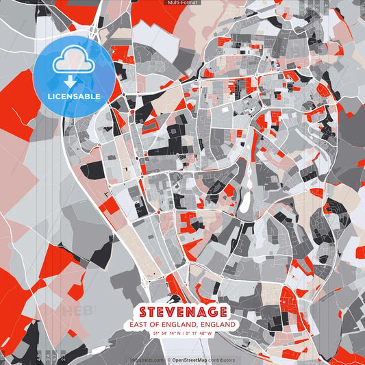 Stevenage, East of England, England - modern street map poster template with gray and red tones