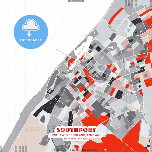 Southport, North West England, England - modern street map poster template with gray and red tones