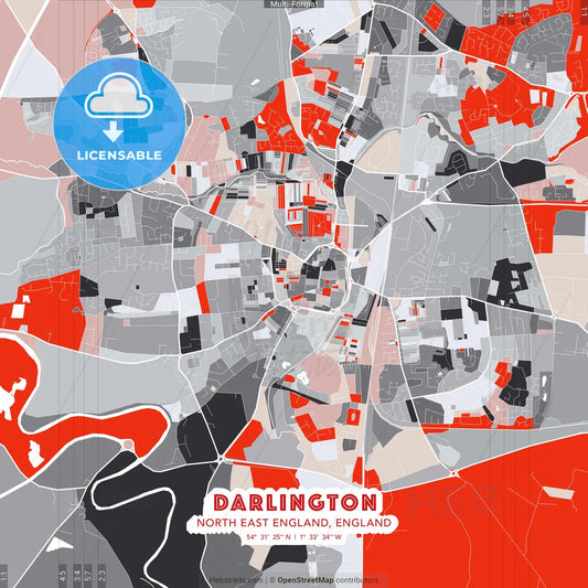 Darlington, North East England, England - modern street map poster template with gray and red tones