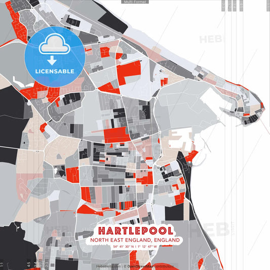 Hartlepool, North East England, England - modern street map poster template with gray and red tones