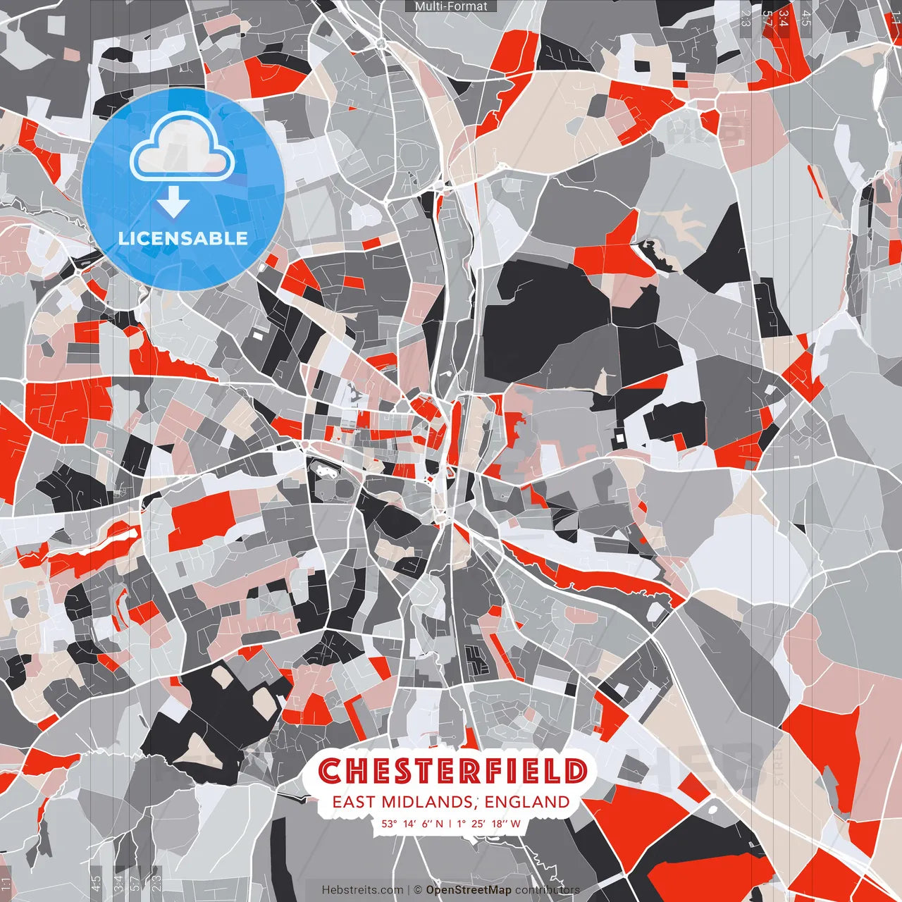 Chesterfield, East Midlands, England - modern street map poster template with gray and red tones