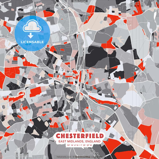 Chesterfield, East Midlands, England - modern street map poster template with gray and red tones