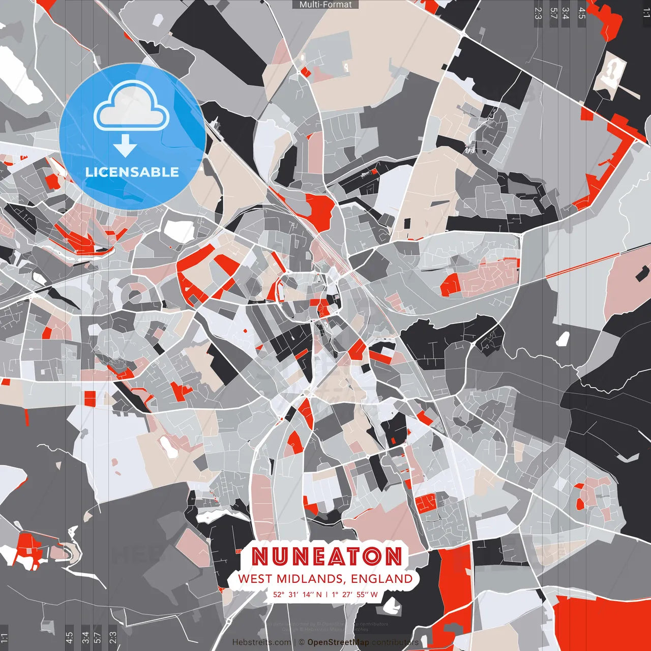 Nuneaton, West Midlands, England - modern street map poster template with gray and red tones