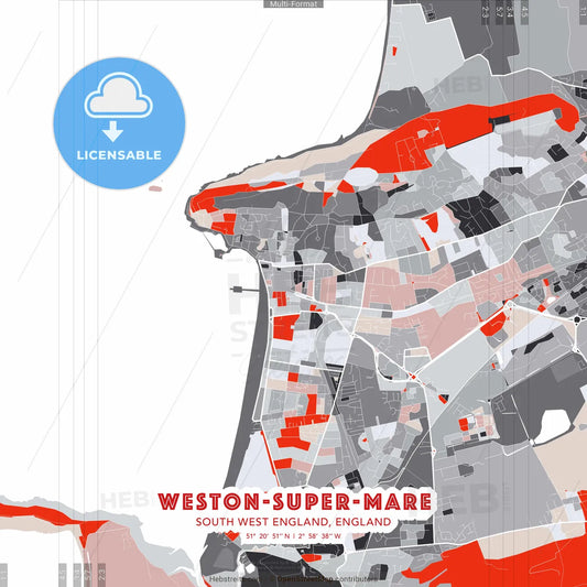 Weston-super-Mare, South West England, England - modern street map poster template with gray and red tones