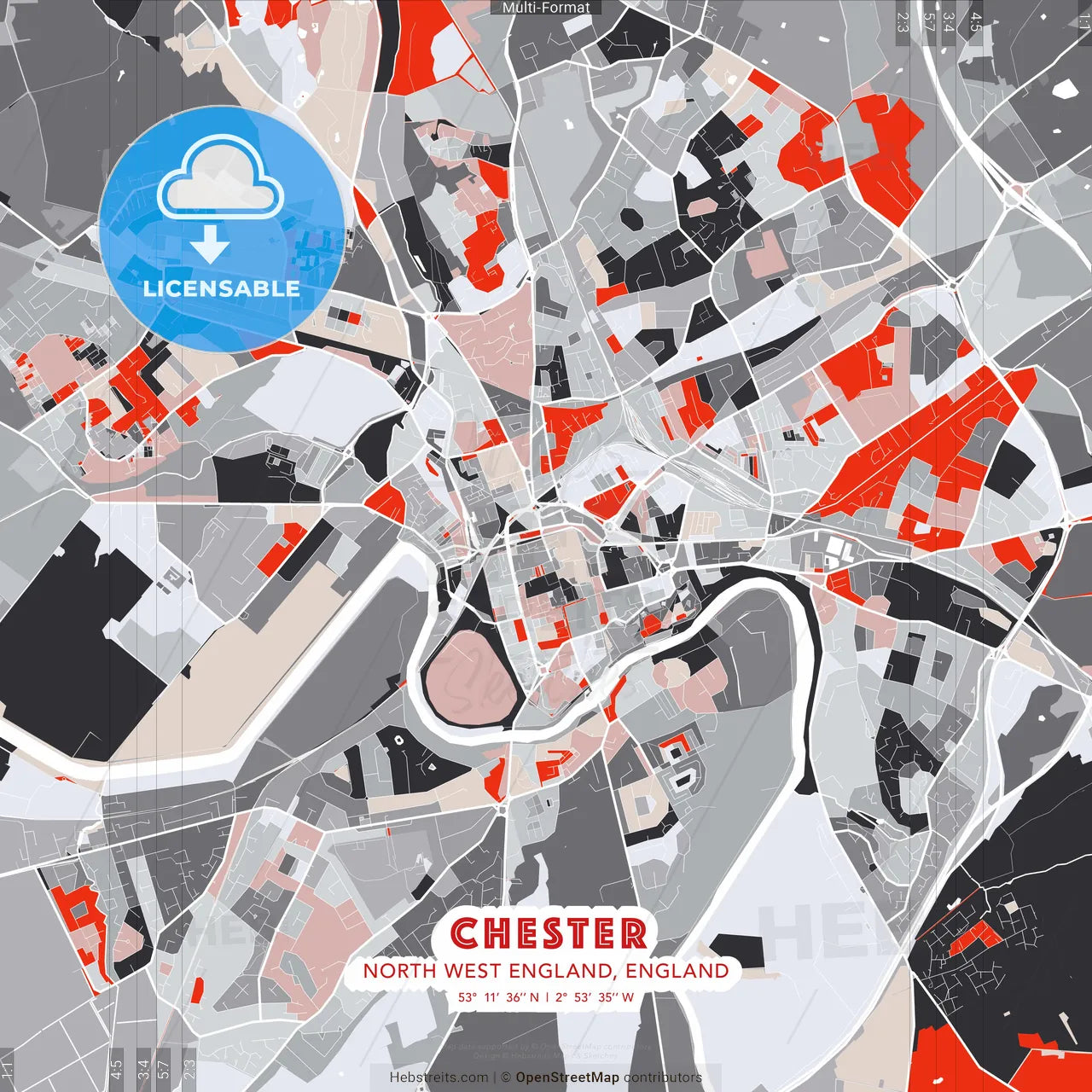 Chester, North West England, England - modern street map poster template with gray and red tones