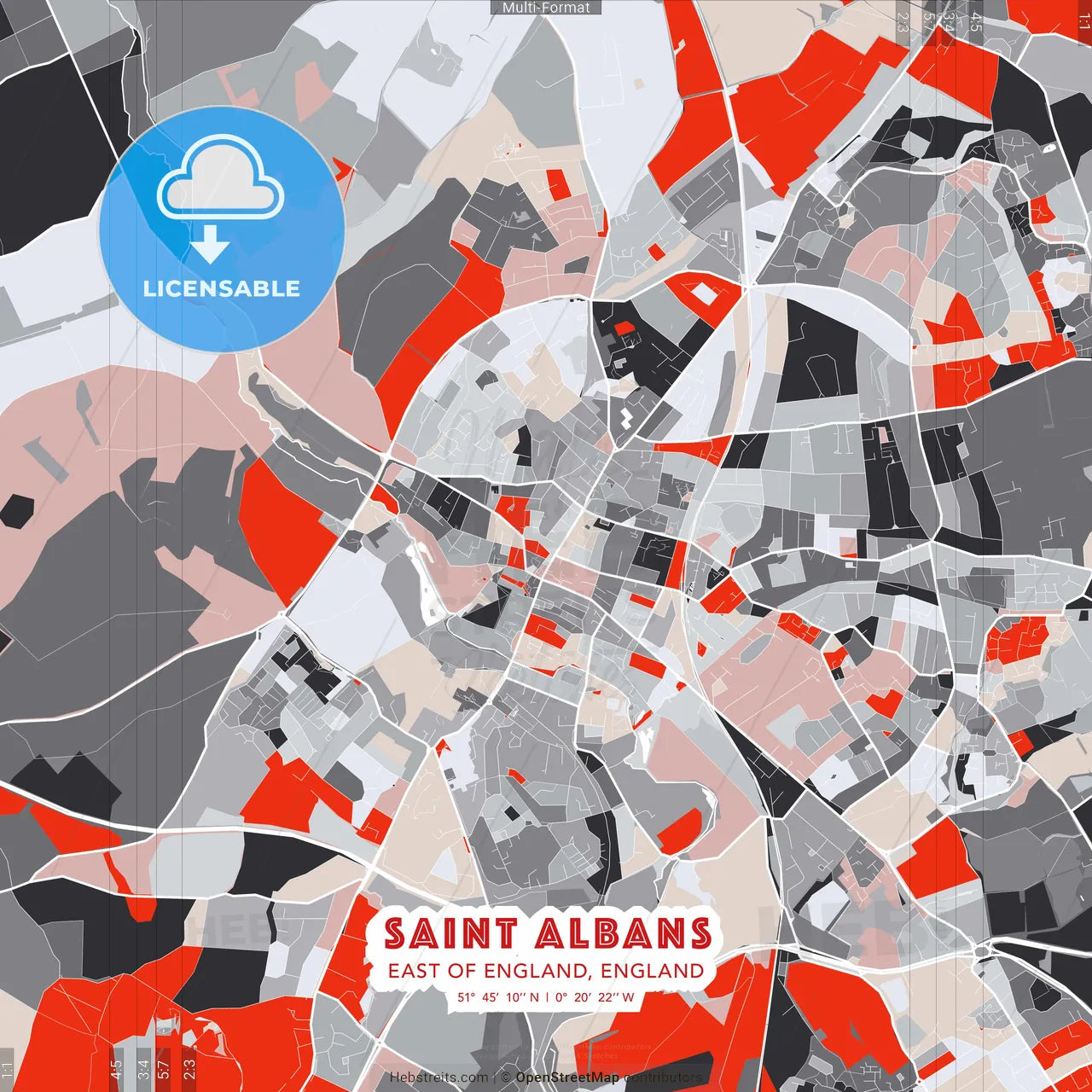 Saint Albans, East of England, England - modern street map poster template with gray and red tones