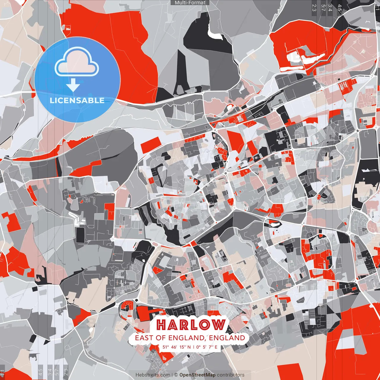 Harlow, East of England, England - modern street map poster template with gray and red tones