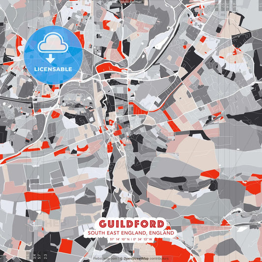 Guildford, South East England, England - modern street map poster template with gray and red tones