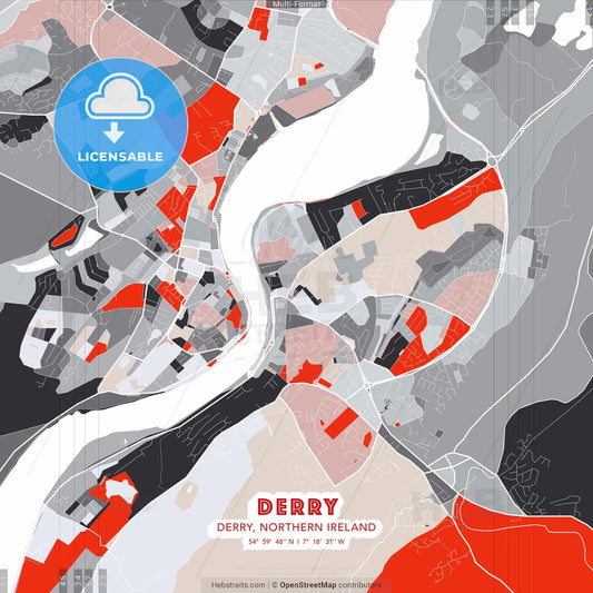 Derry, Derry, Northern Ireland - modern street map poster template with gray and red tones