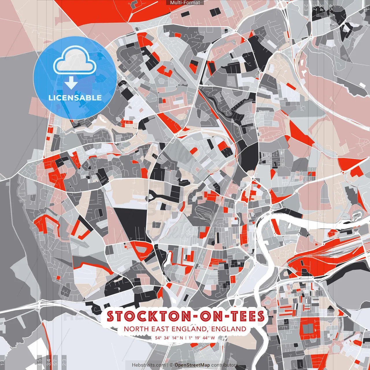 Stockton-on-Tees, North East England, England - modern street map poster template with gray and red tones