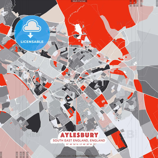 Aylesbury, South East England, England - modern street map poster template with gray and red tones