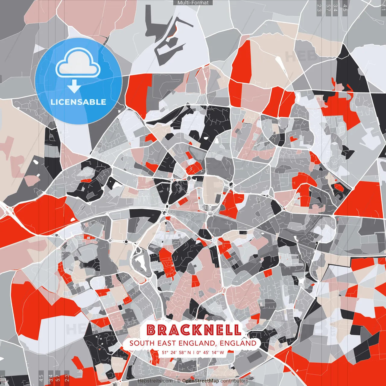 Bracknell, South East England, England - modern street map poster template with gray and red tones