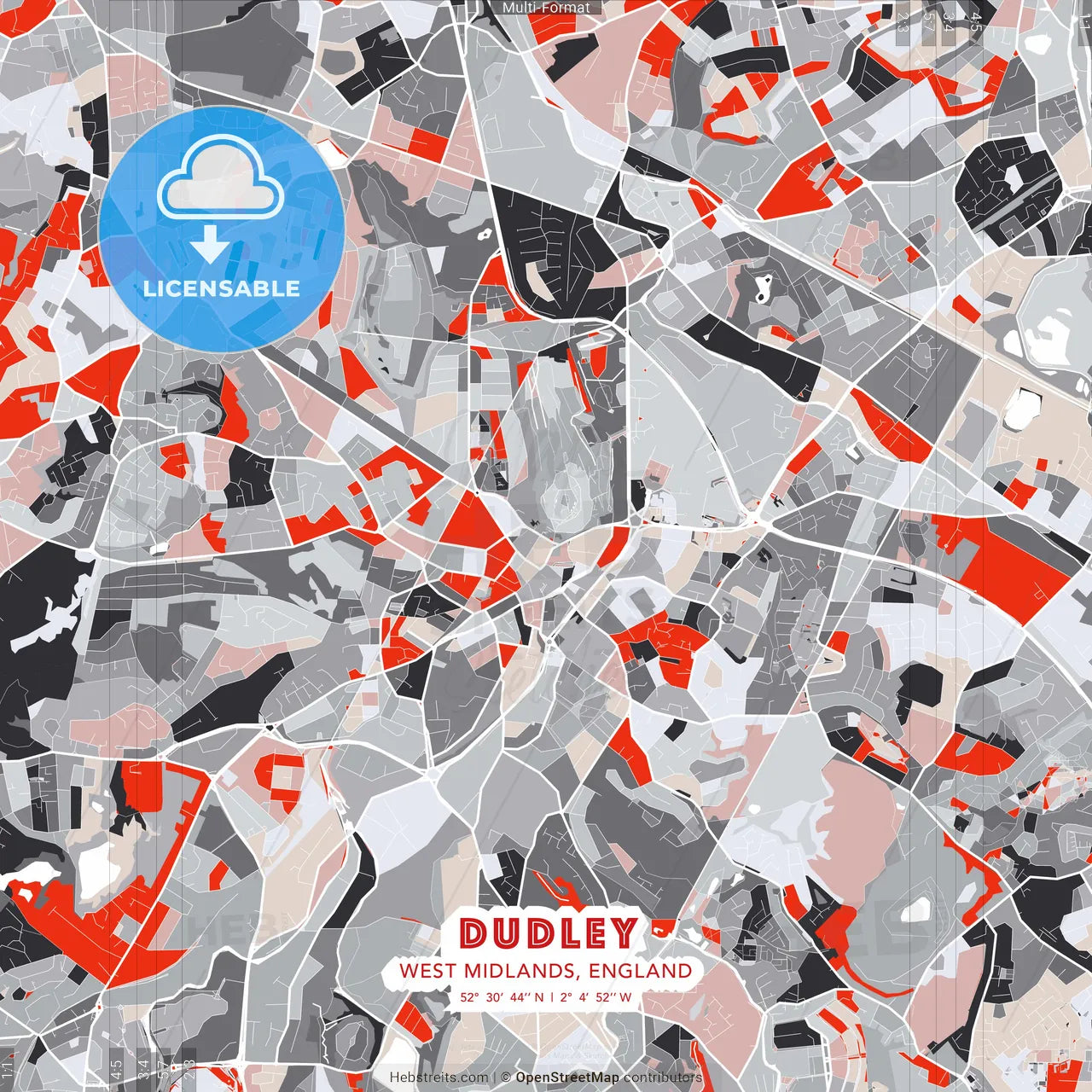 Dudley, West Midlands, England - modern street map poster template with gray and red tones