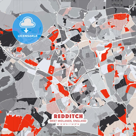 Redditch, West Midlands, England - modern street map poster template with gray and red tones