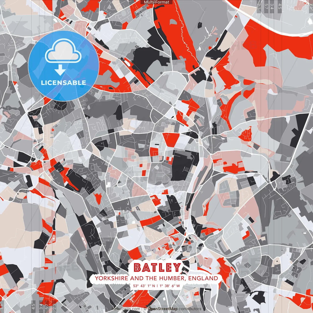 Batley, Yorkshire and the Humber, England - modern street map poster template with gray and red tones