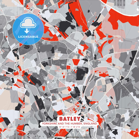 Batley, Yorkshire and the Humber, England - modern street map poster template with gray and red tones