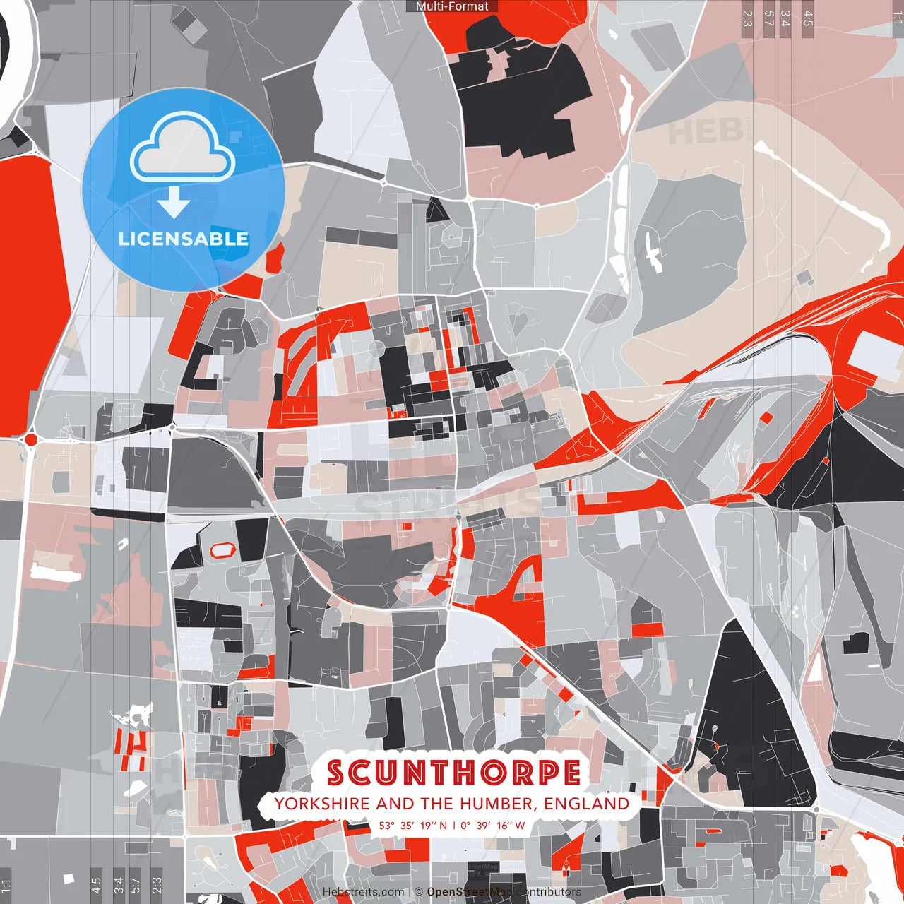 Scunthorpe, Yorkshire and the Humber, England - modern street map poster template with gray and red tones