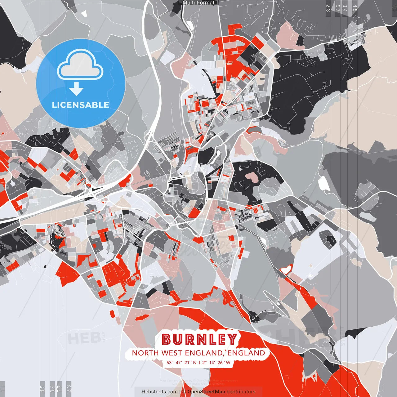 Burnley, North West England, England - modern street map poster template with gray and red tones