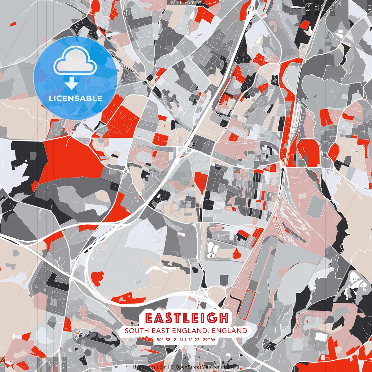 Eastleigh, South East England, England - modern street map poster template with gray and red tones