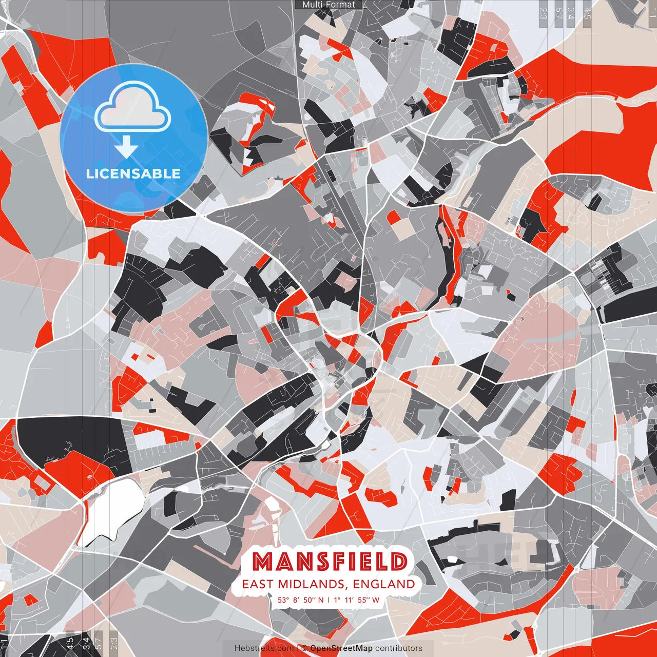 Mansfield, East Midlands, England - modern street map poster template with gray and red tones