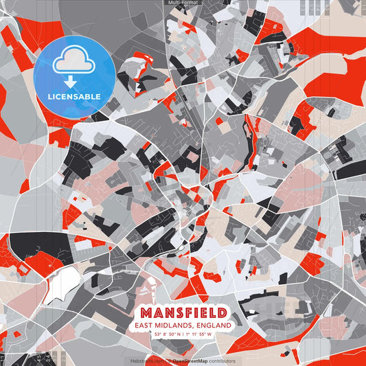 Mansfield, East Midlands, England - modern street map poster template with gray and red tones