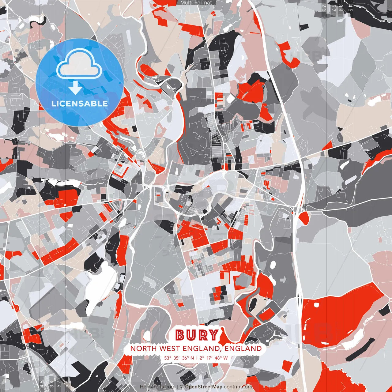 Bury, North West England, England - modern street map poster template with gray and red tones