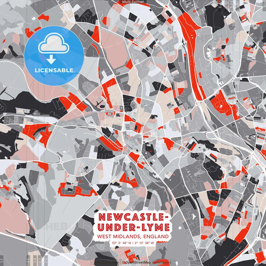 Newcastle-under-Lyme, West Midlands, England - modern street map poster template with gray and red tones