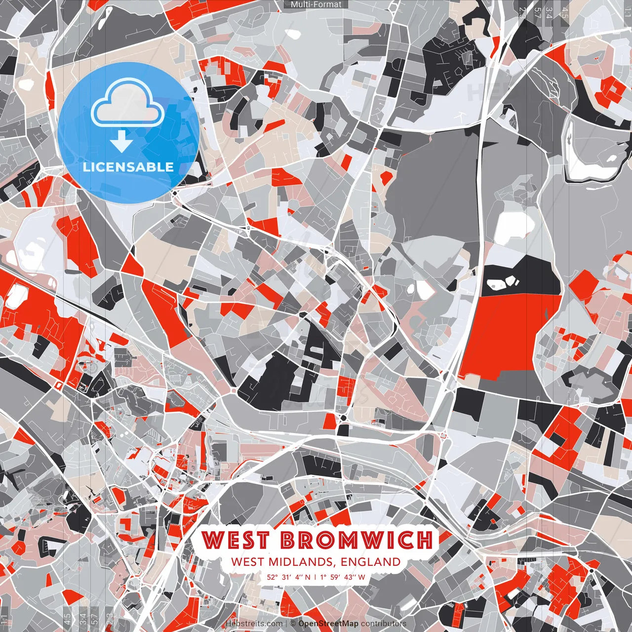 West Bromwich, West Midlands, England - modern street map poster template with gray and red tones